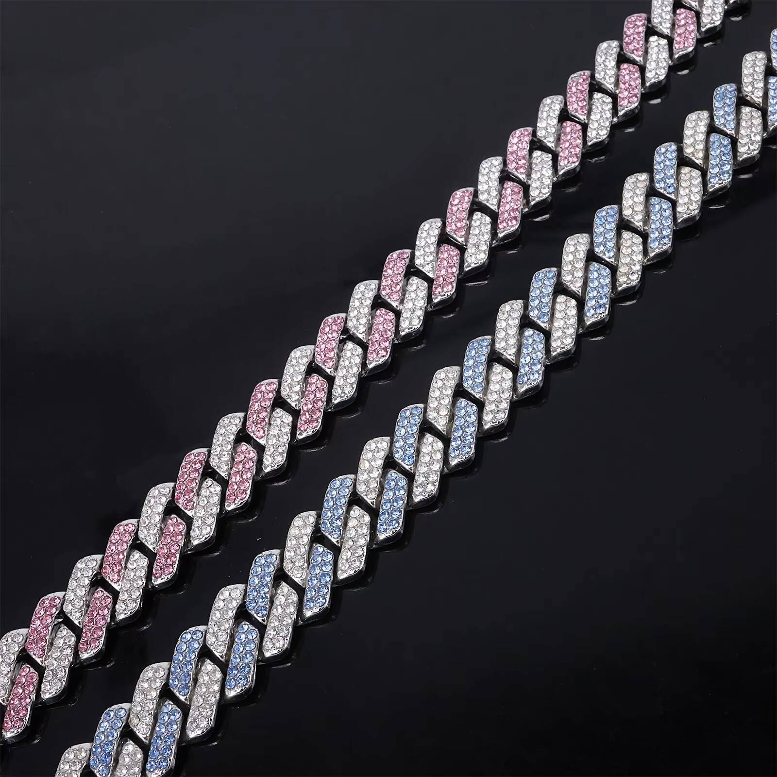 Hot Sale Temu 14mm Diamond-Shaped Pink Blue Diamond Flip Alloy Mens Necklace Cool Hip-Hop Cuban Chains with Geometric Pattern