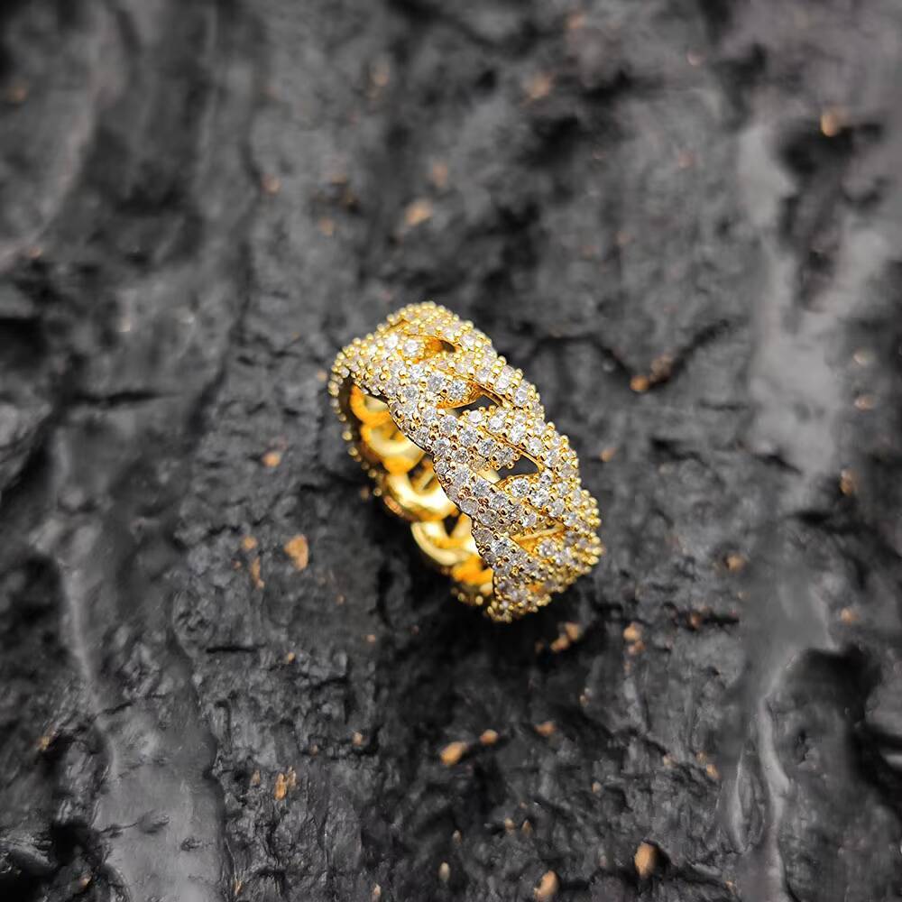 Nuoya Jewelry Hip Hop Lab Diamond Finger Ring Full Pave Moissanite Stone Iced Out Cuban Ring Gift for Men Women