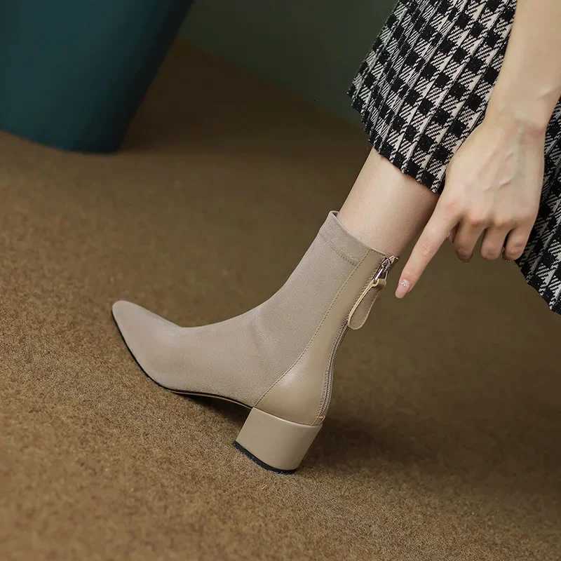Womens Elastic Boots 2025 Autumn/winter New Pointed Suede Nude Color Non-slip Back Zipper High-heeled Fashion Boots Botas MujerT251223