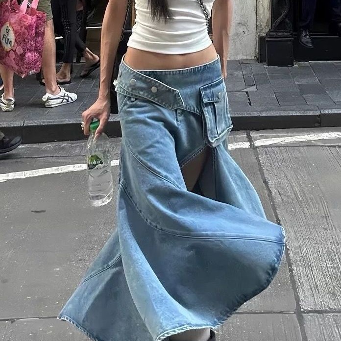 Casual Dresses Women Denim Skirt High Waist Vintage Streetwear Irregular Midi Skirts Y2k Layered Hem Summer Fashion Pockets Sexy