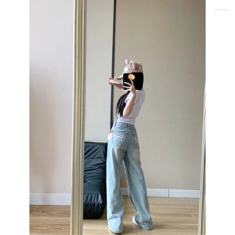 Women's Jeans 2025 Autumn Winter Bow Embroidery Design Sweet Korean Style High Waist Loose Fit Straight Leg Z260313
