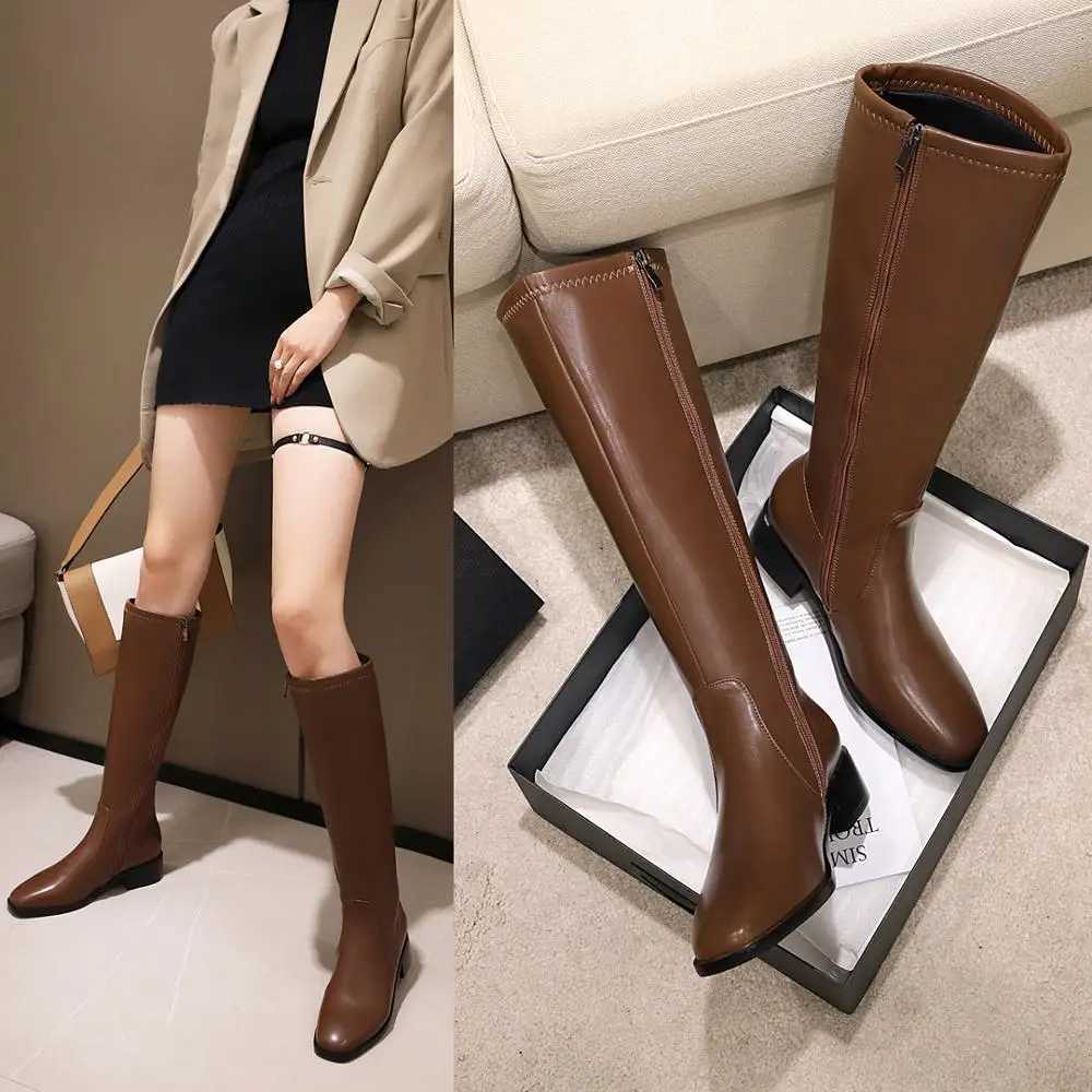 Oversized Square Toe Thick Heel Boots Microfiber Nappa Pattern Brown Knee-Length Boots Side Zipper Autumn Winter Womens ShoesT251223