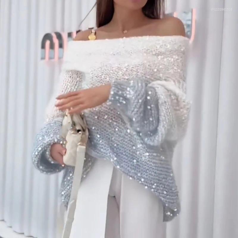 Women's Sweaters Gradient Sequin Long Sleeved Autumn Winter Sweater Sexy Off Shoulder Loose Knit Top 2026 Temperament Party