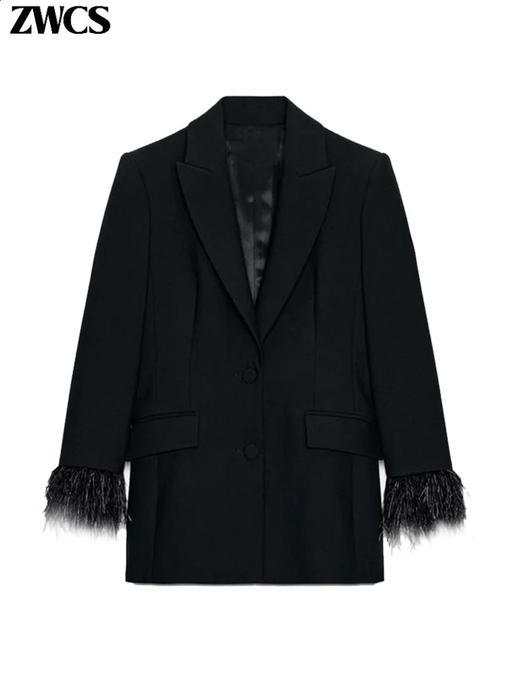 Elegant Feathers Blazer Pants Set Womens Solid Lapel Singlebreasted Suit Jackets Straight Wide Leg Trousers 2025 Outfits 251223