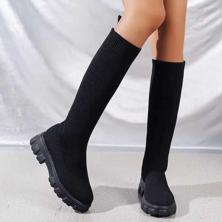 2024 Womens Autumn/Winter New Brand Fashion Womens Boots Mid Sleeve Elastic Socks Boots Thick Sole BootsT251223