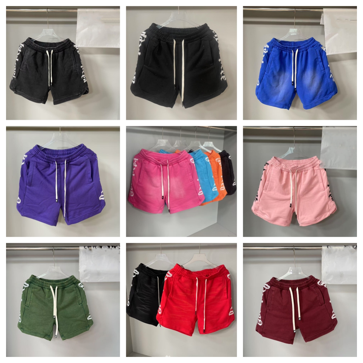 Men's shorts, designer shorts. They have been washed and aged, with logos embroidered on both sides. These are loose straight shorts for men and women