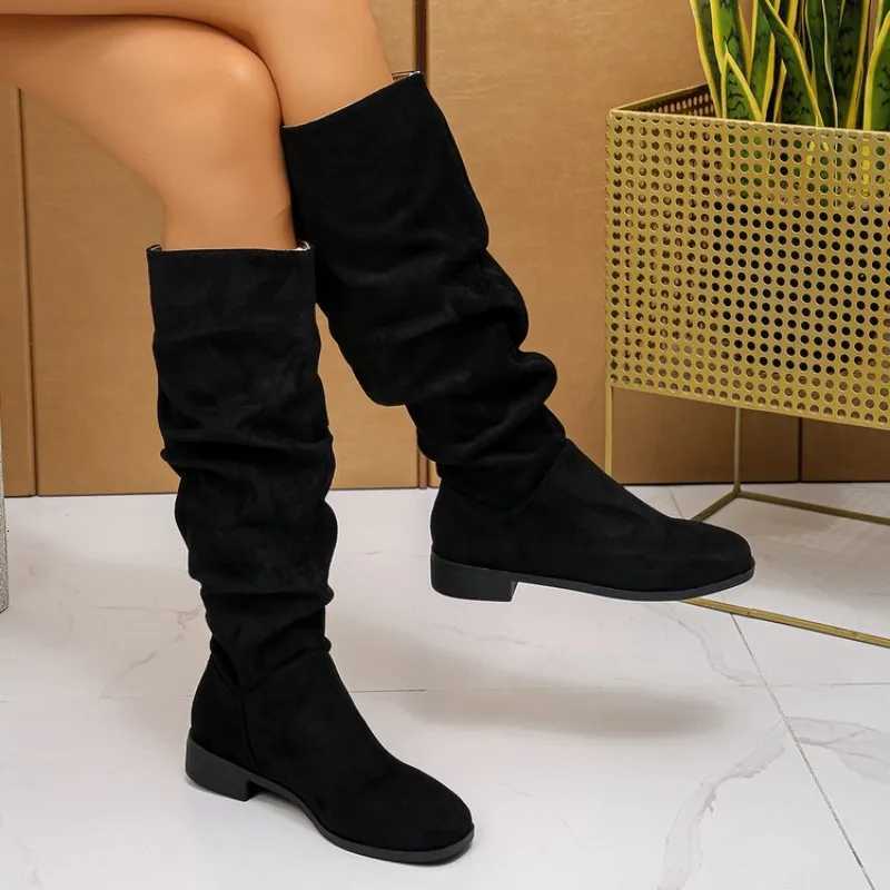 Womens Mid-heel Single Boots Spring New Round Head Suede Sleeve Fold Soft Sole Non-slip High BootsT251223