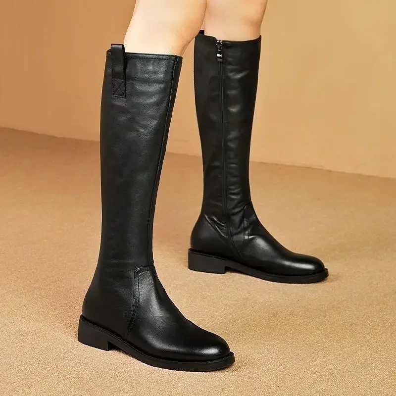 Knight Boots for Women Autumn and Winter Soft Leather Square Heel Zip Modern Boots Fashion Round Toe Thin Fleece Knee-high BootsT251223