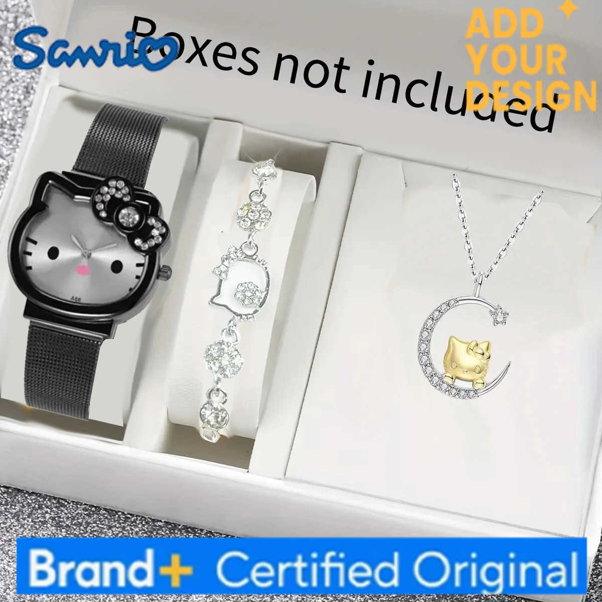 Sanrio 3pcs/set Kawaii Hello Kitty Women Watches Metal Diamond Bow Ladies Watch Girl Birthday Student Gifts With Necklace and bracelet H251223