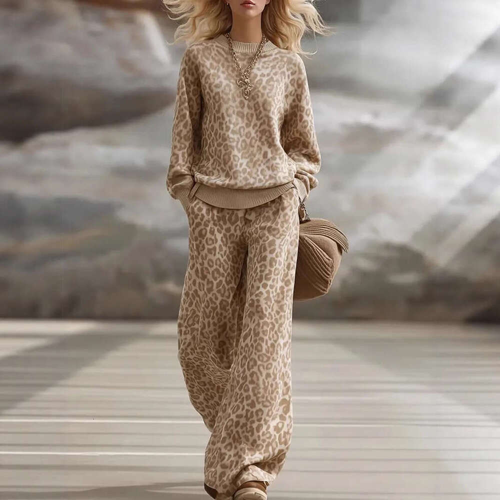 Autumn Winter European American Amazon Cross-Border Light Brown Leopard Print Set Long Sleeve Slim Sweatshirt Retro Casual Pants Women DREAM RECALL