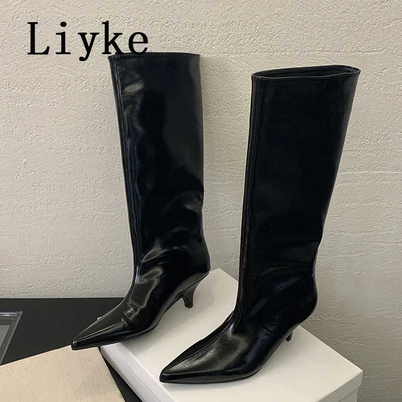 Liyke Winter Street Style Cosy Pointed Toe Woman Knee-High Boots Slip-On Low Thin Heels Shoes Female Long Booties Zapatos MujerT251223