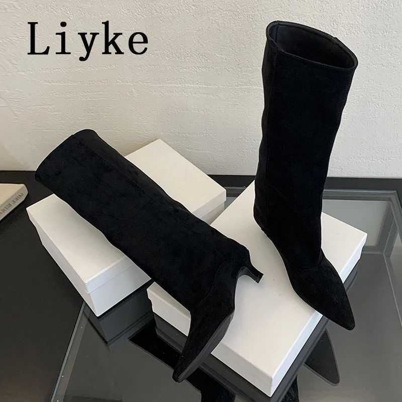 Liyke 2025 New Sexy Pointed Toe Knee High Boots Women Autumn Winter Low Thin Heels Pumps Cozy Ladies Party Long Shoes Size 35-40T251223