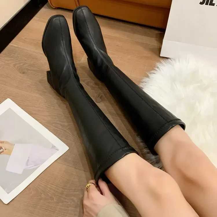 2024 Fashion Women Black Block High Heels Long Boots New Winter Warm Knee High Boots Soft Leather Thigh High Boots ShoesT251223