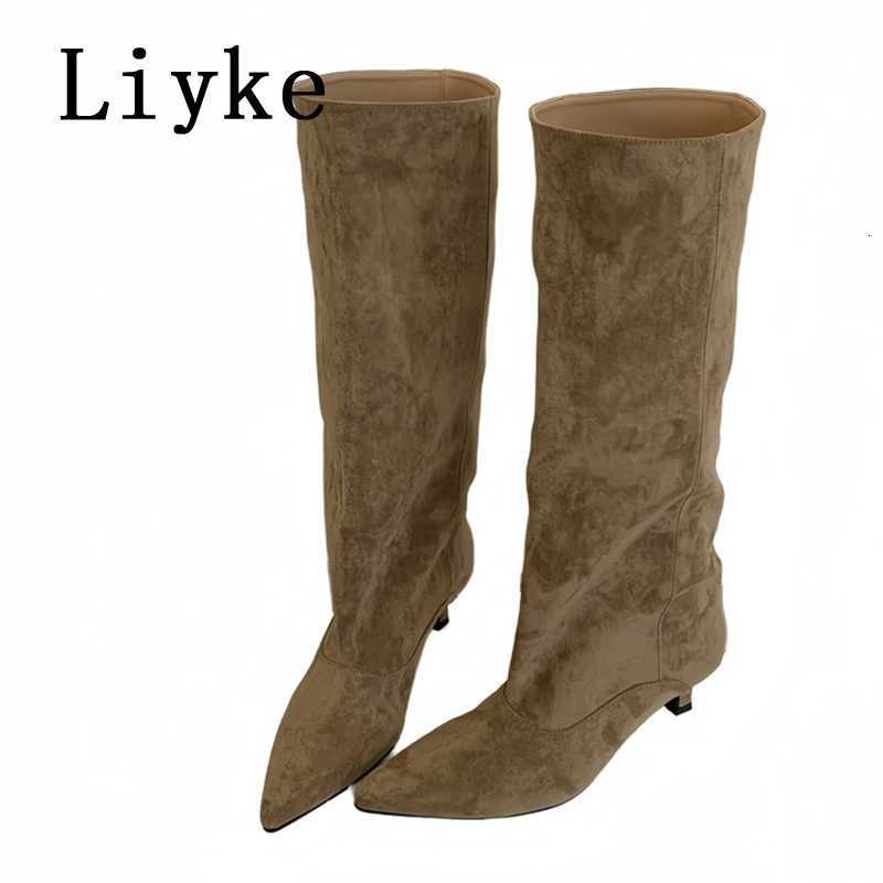 Liyke 2025 New Sexy Pointed Toe Knee High Boots Women Autumn Winter Low Thin Heels Pumps Cozy Ladies Party Long Shoes Size 35-40T251223