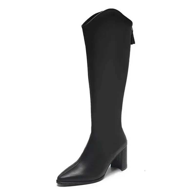 Soft Pu Leather Knee-High Boots Women 2024 Winter Short Plush Thick Heels Long Boots Woman Black Back Zipper KnightT251223