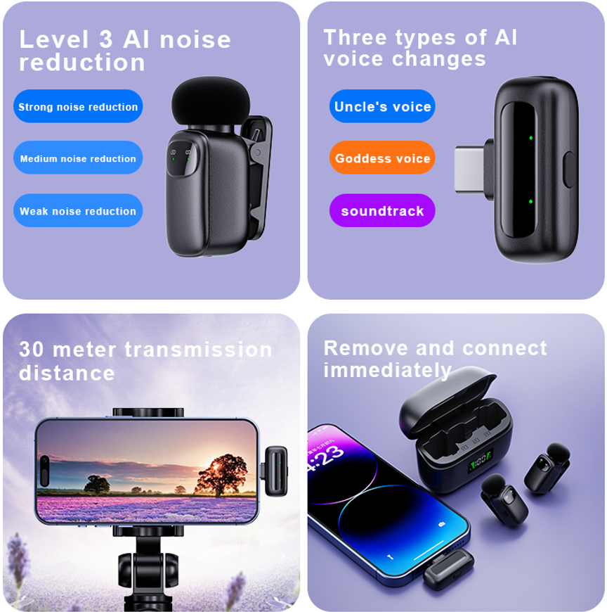 Wireless Lavalier Microphone 2 in 1 Super Mini Mic for Audio Video Recording Interview Tiktok Youtube Vlog Podcast Livestream Noise Reduction AI Voice