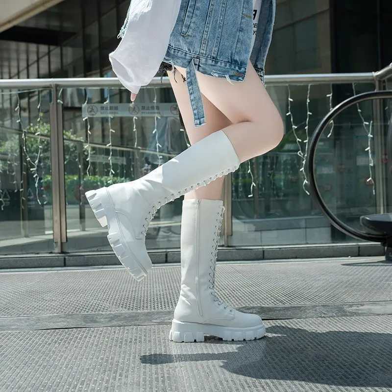 Aphixta 2025 Winter Shoes Womens Long High Boots White PU Leather Knee High Boots Female Fashion Lace Up Platform Botas MujerT251223