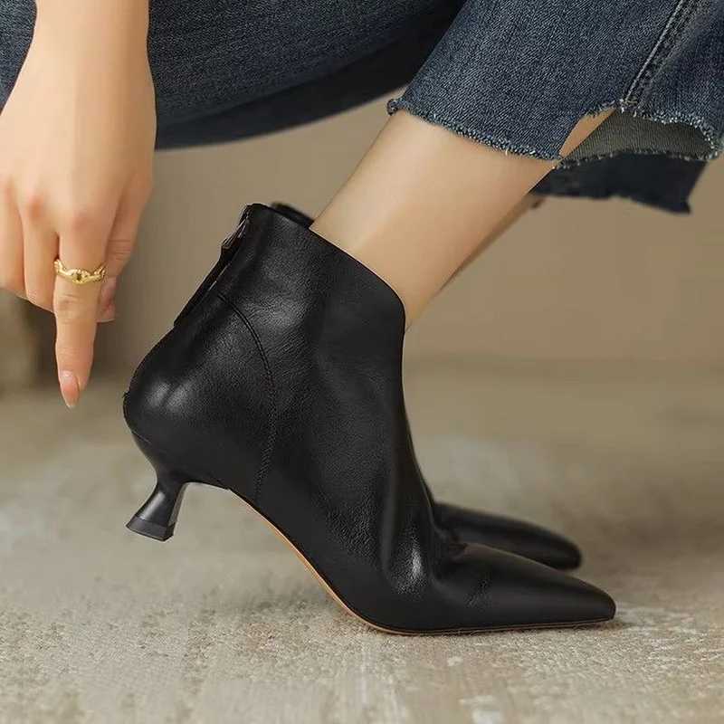FHC New Autumn Women Ankle BootsFashion Soft Leather ShoesBack ZipMid Heels Short BotasPointed ToeBlackBrownDropshipT251223