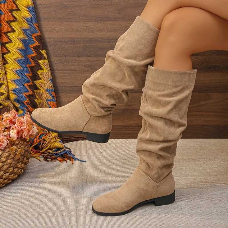 Womens Mid-heel Single Boots Spring New Round Head Suede Sleeve Fold Soft Sole Non-slip High BootsT251223