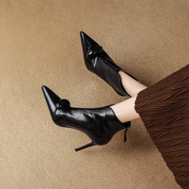 NEW Autumn Ankle Boots Genuine Leather Shoes for Women Pointed Toe Thin Heel Shoes Zip Metal Modren Boots Super High Heel BootsT251223