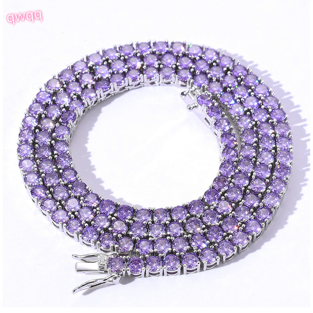 RQ Mens Hip Hop Jewelry 4MM Purple Color White Gold Iced Out Tennis Chain Necklace