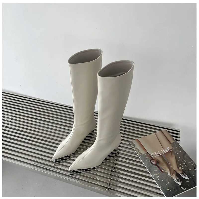 2025 Fashion Sexy Pointed Low Heels Knee Long Boots Womens Spring/Autumn PU Sewing Party Ball Western Boots 35-40T251223