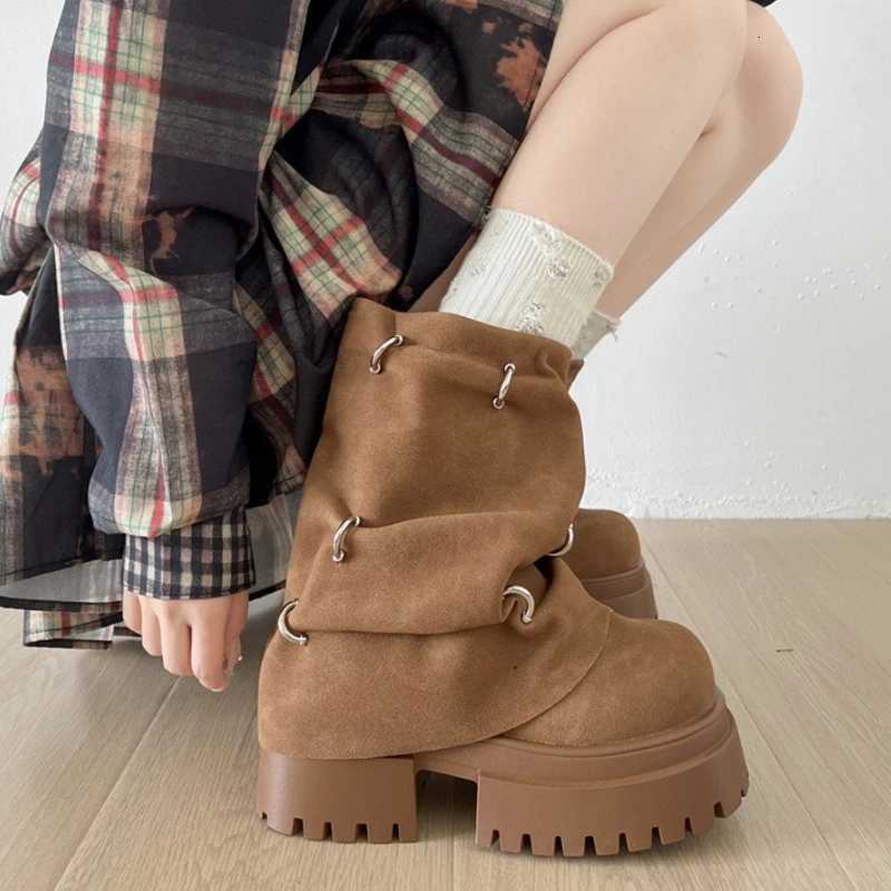 Winter Chunky Platform Heels Women Ankle Boots Punk Pleated Height Increase Short Booties Shoes Zapatos MujerT251223