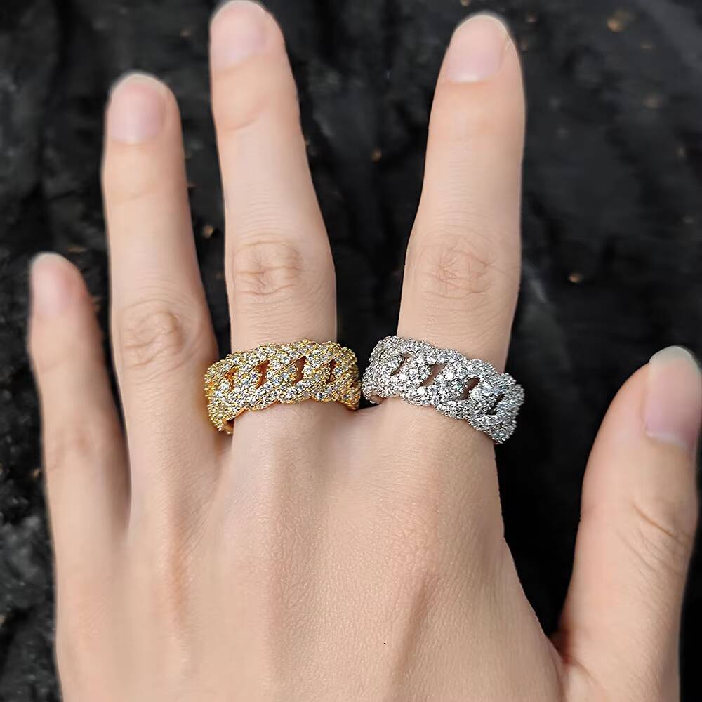 Nuoya Jewelry Hip Hop Lab Diamond Finger Ring Full Pave Moissanite Stone Iced Out Cuban Ring Gift for Men Women