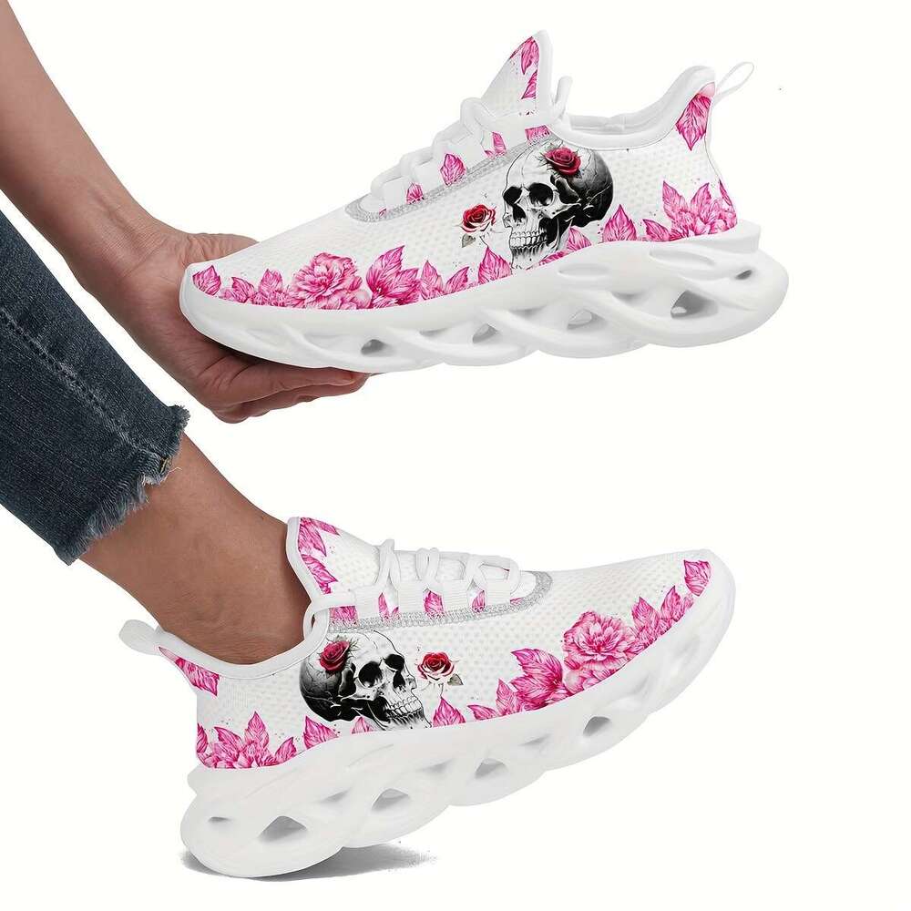 Women's Outdoor Shoes With Skull And Rose Print, Lightweight EVA Sole Cushioned Comfort, Non-Slip Breathable Fabric All-Season Road Running Shoes - view 5