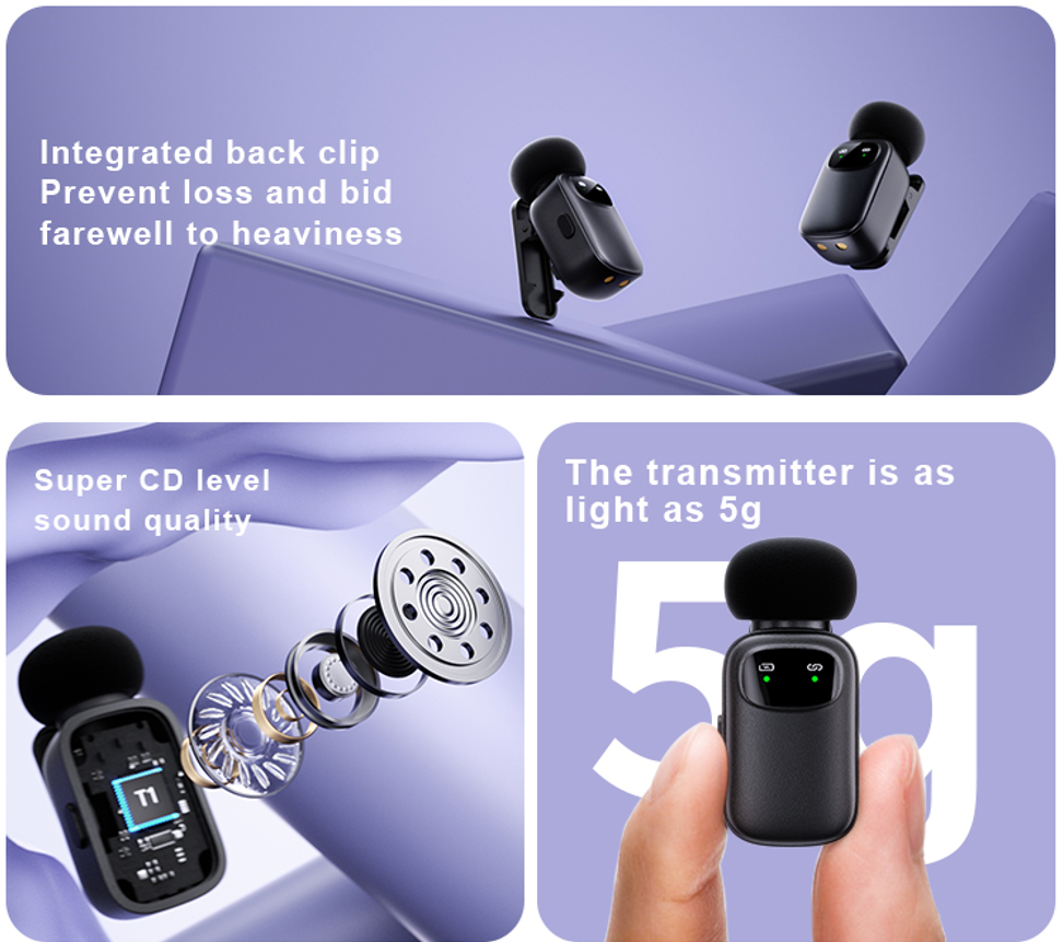 Wireless Lavalier Microphone 2 in 1 Super Mini Mic for Audio Video Recording Interview Tiktok Youtube Vlog Podcast Livestream Noise Reduction AI Voice