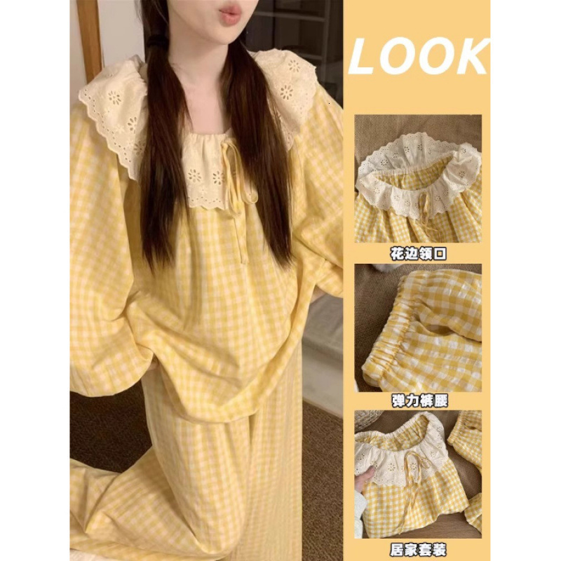 Plaid Pajamas Set Women Sweet Princess Cute Cotton Pyjamas Sexy Lace Full Sleeve Autumn 2Piece/Set Home Mom Sleepwear 210924