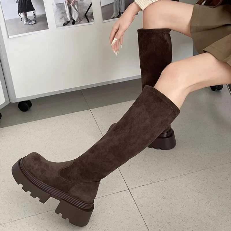 Winter Platform Punk Style Woman Knee High Boot Concise Slip On Elastic Slim Shoes Ladies Thick Bottom Knight Long BootiesT251223