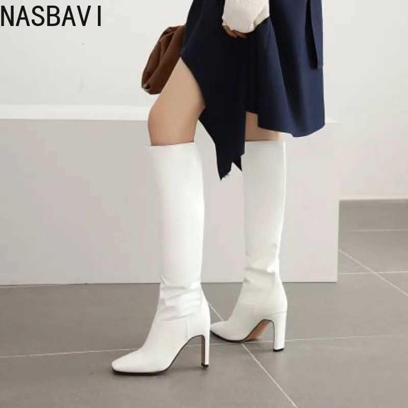 NASBAVI Black White New Square Toe Microfiber Super High Heel Boots Green Square Heel Plush Knee Boots Pu Sleeve Womens ShoesT251223