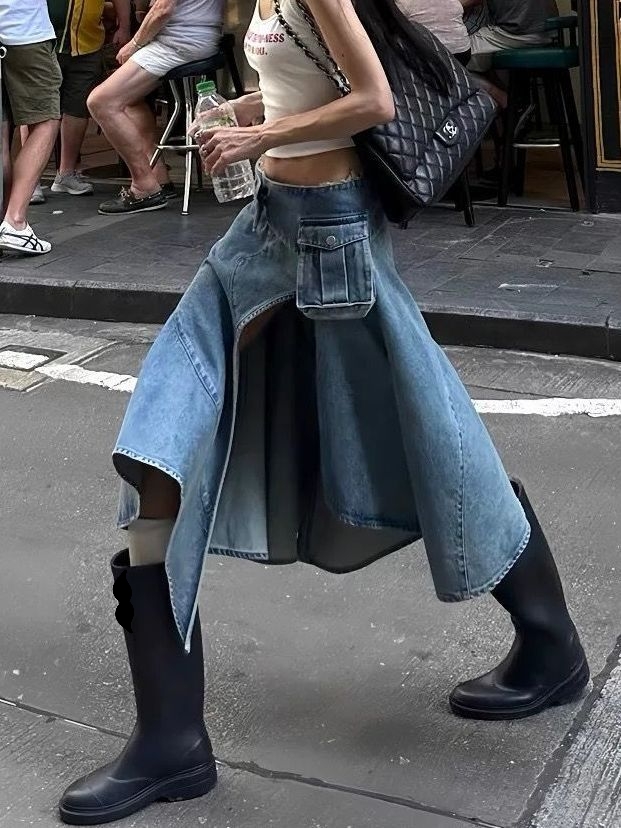 Casual Dresses Women Denim Skirt High Waist Vintage Streetwear Irregular Midi Skirts Y2k Layered Hem Summer Fashion Pockets Sexy