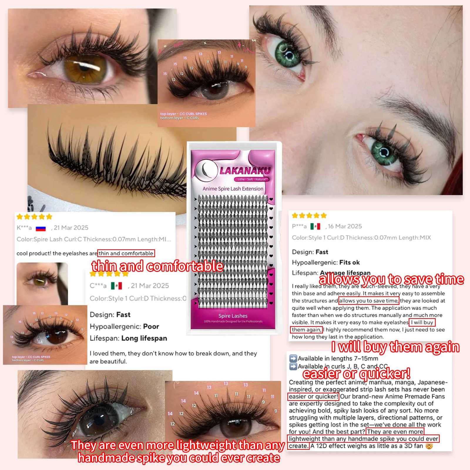 LAKANAKU Cashmere Anime Spire Individual Feather Eyelash Extensions C CC D Curl Manga Style Lashes ExtensionsT251223