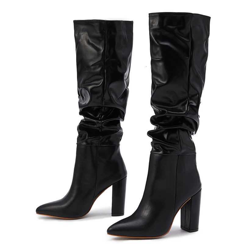 Fashion Pleated Women Knee High Boots Sexy Pointed Toe Square Heels Ladies Long Female White Black Shoes size 35-42T251223