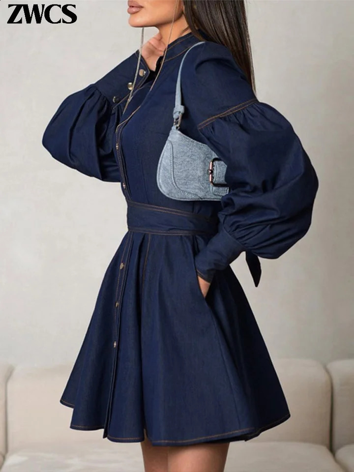 Vintage Denim Bow Belt Dres Elegant Stand Collar Long Lantern Sleeve Button Short Dresses 2025 Spring Lady Chic Robes 251223