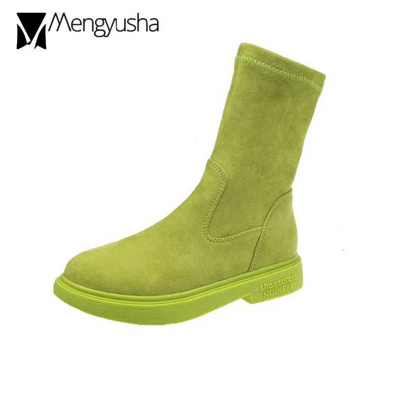 candy color green mid-calf boots women flat rubber suede leather short booties mujer comfortable slip on chelsea botas femininasT251223