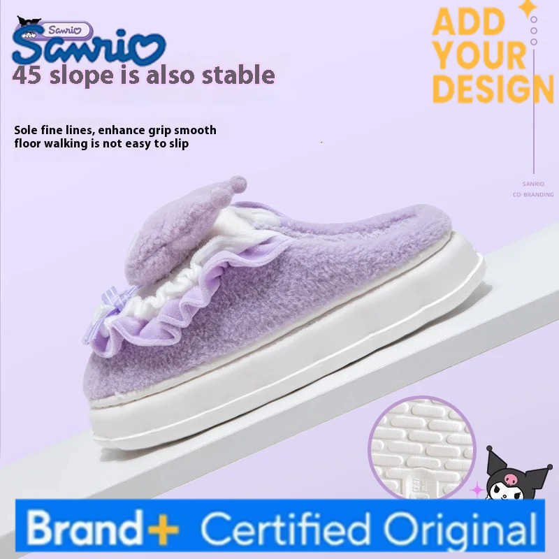Sanrio Wholesale Kuromi Cotton Fuzzy Slippers WomenS Winter Velvet Warm Home Slippers Non-Slip Plush Shoes Girl Cute Flat Shoes H251223