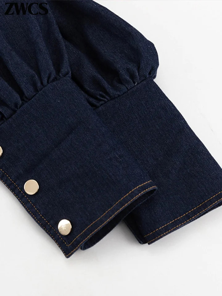 Vintage Denim Bow Belt Dres Elegant Stand Collar Long Lantern Sleeve Button Short Dresses 2025 Spring Lady Chic Robes 251223