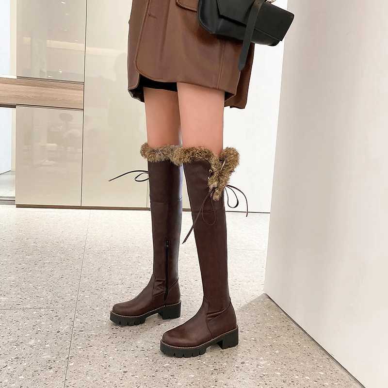 Cuffed Faux Fur Thick-Soled Over-The-Knee Boots Lace-Up Side Buckle Sweet Thick-Heeled Boots Warm And Comfortable Womens ShoesT251223