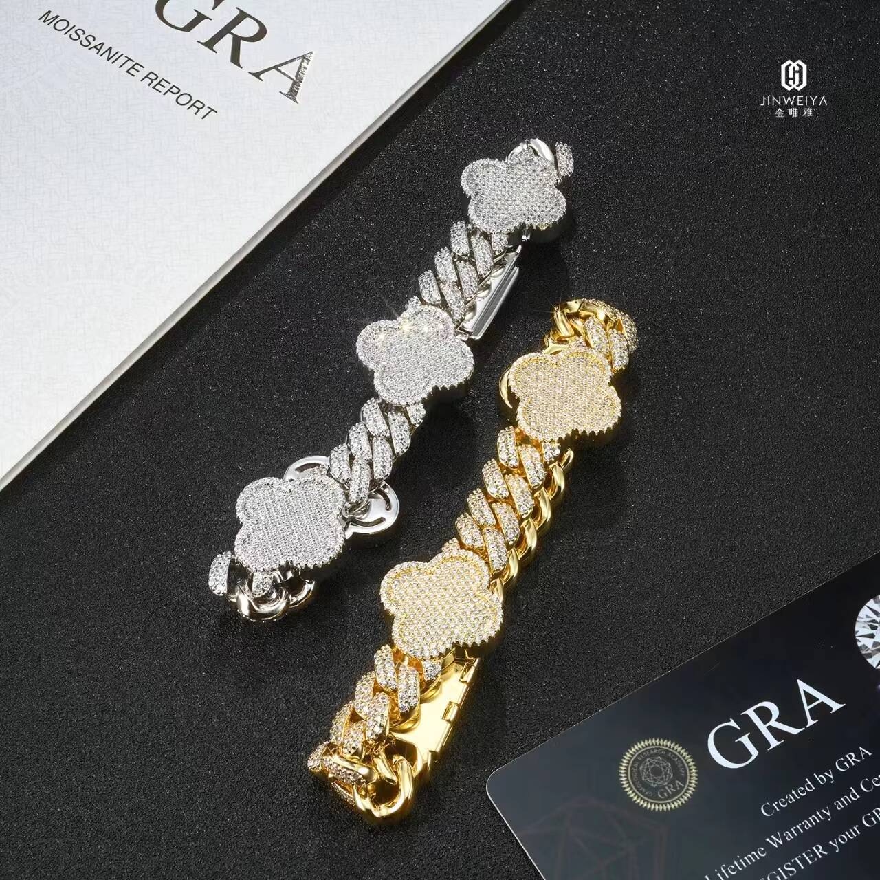 Most Popular Classic 925 Silver Moissanite Diamond Inset Iced Jewelry 10mm Four Leaf Clover Cuban Bracelet