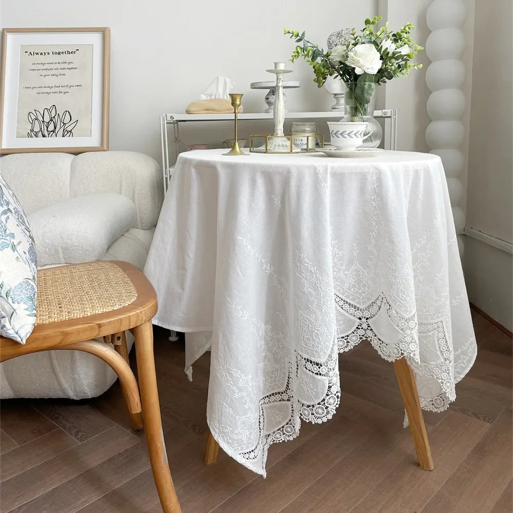 French White Lace Flower Embroidery Cotton Tablecloth for Wedding Party Decoration Table Cloth Table Cover 251222