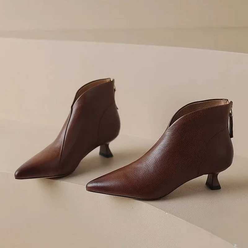 FHC New Autumn Women Ankle BootsFashion Soft Leather ShoesBack ZipMid Heels Short BotasPointed ToeBlackBrownDropshipT251223