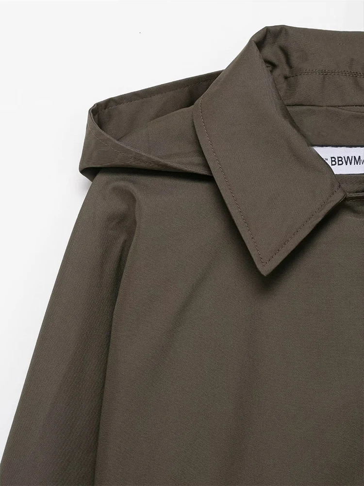 Womens Short Trench Coat Solid Hooded Loose Casual Overcoat Single Breasted Windbreaker Chic Lady Outfits 2025 Autumn 251212