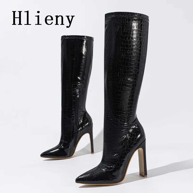 Hlieny Autumn Winter Fashion Women Knee High Motorcycle Boots Sexy Pointed Toe Square Heels Long Zipper Female Botas ShoesT251223