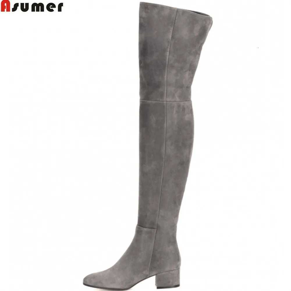 ASUMER black gray fashion women boots square heel cow suede ladies boots zipper square heel leather over the knee bootsT251223