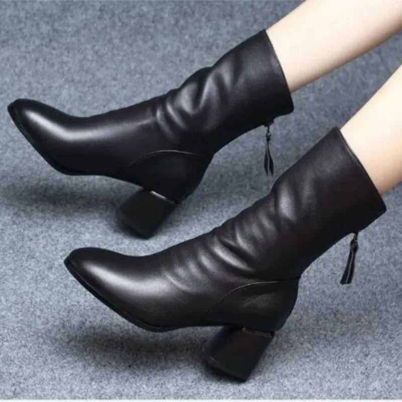 Real soft leather mid-calf boots womens fashion riding boots 2024 new autumn and winter mid-heel ankle boots thickT251223