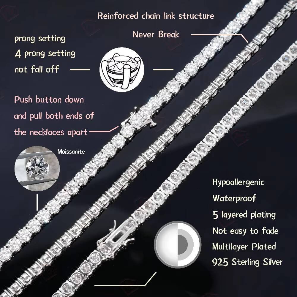 2mm 3mm 4mm 5mm Moissanite Tennis Necklace 925 Silver VVS Iced Out Hiphop Bling Moissanite Chain