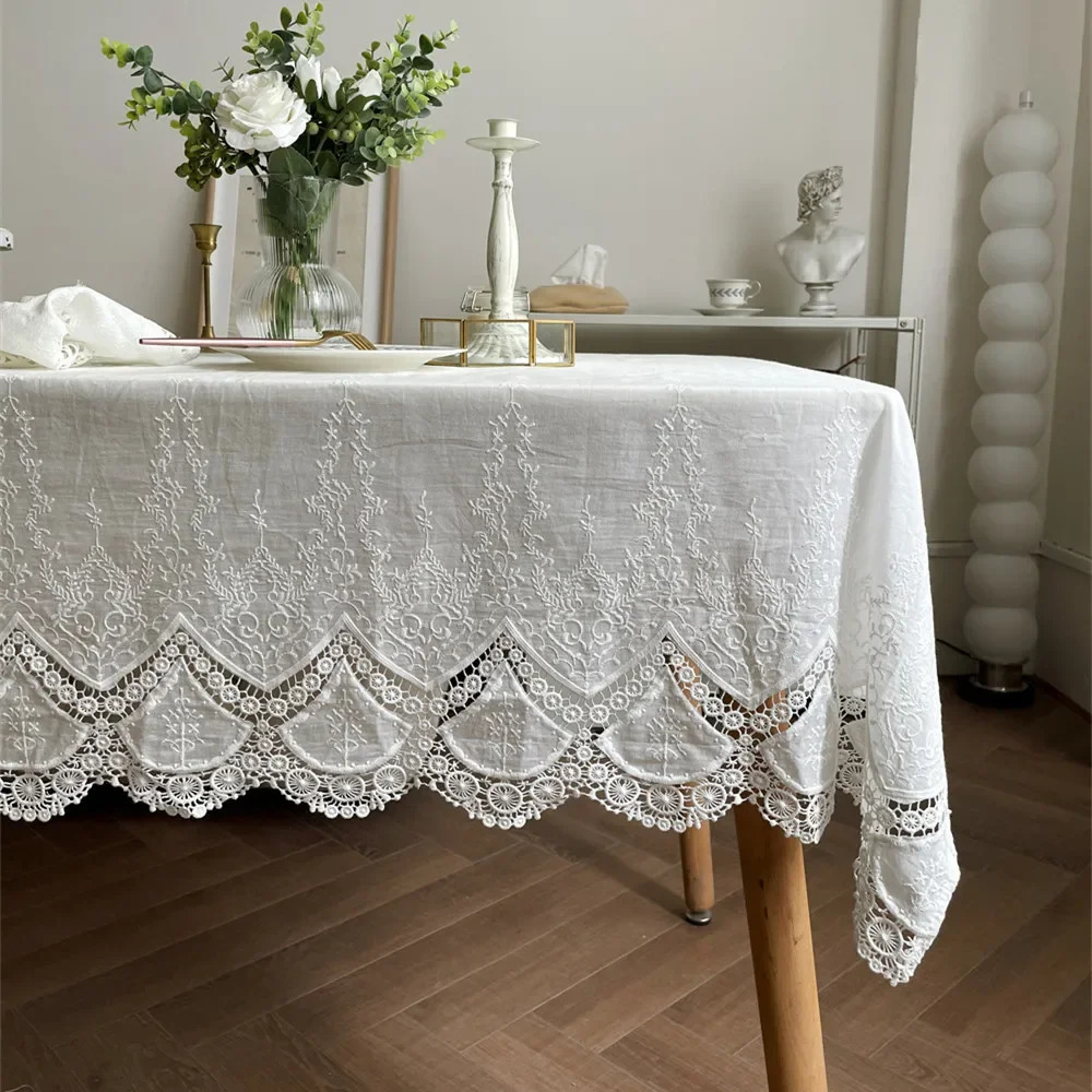 French White Lace Flower Embroidery Cotton Tablecloth for Wedding Party Decoration Table Cloth Table Cover 251222